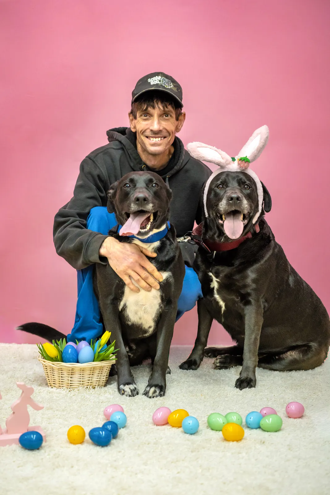 Owner with two dogs during pet mini portrait session